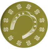 Coaster with a horseshoe in the middle with a green background.