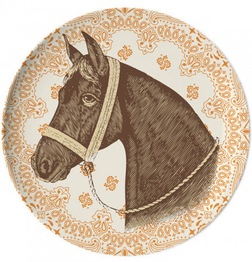 A yellow coaster with a horse in the middle.