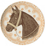 A yellow coaster with a horse in the middle.