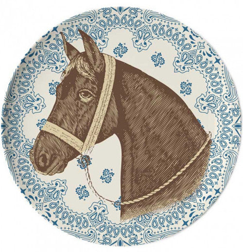 A blue coaster with a horse in the middle.