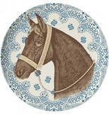 A blue coaster with a horse in the middle.