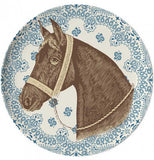 A blue coaster with a horse in the middle.