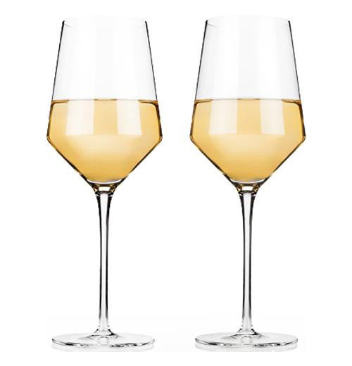 Wine is shown inside the glasses.