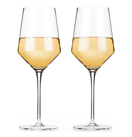 Wine is shown inside the glasses.