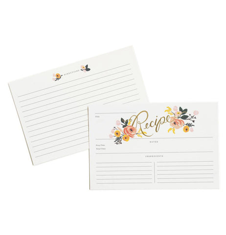 Both sides of the recipe cards with the rose designs are shown. The back part is shown with a few small roses at the top above the lines. The front part is shown with the rose design more pronounced at the top of the writing lines.