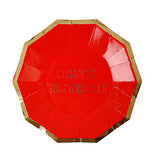 The Small Paper Party plates that are red with a gold rim and say "Happy Birthday."