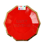 Party plates that are red with a gold rim and say "Happy Birthday" comes with a swatch of different colors. 