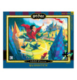Front view of "Quidditch" puzzle with Harry Potter flying on a broom in a red uniform trying to catch the golden snitch over a green field and pointed spires.