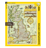 Front view of yellow box with "Shakespeare's Britain" puzzle with a map of the United Kingdom when Shakespeare lived.