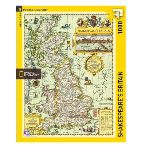 Front view of yellow box with "Shakespeare's Britain" puzzle with a map of the United Kingdom when Shakespeare lived.