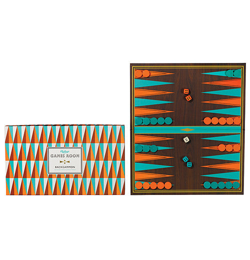 Backgammon Game in geometric colors orange, turquoise and brown placed next to its box.