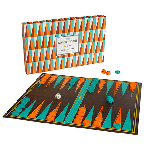 this is a Backgammon Game in geometric colors, such as orange, turquoise and brown. The box stands with the dice nearby.