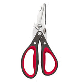 These multiple-edged scissors have a black and red pair of handles and steel blades that feature cutters on both sides and a small saw blade on the bottom