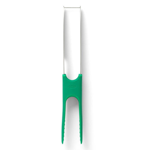 This slicing tool has silver steel blades in an arch shape for cutting, and two green plastic handles to be used as tongs.