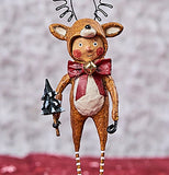 The figurine of the boy in the reindeer costume is shown against a red and white background.