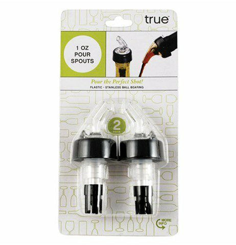 Two of the bottle pour spouts are shown inside their transparent packaging. A picture showing liquor pouring from the spout is shown at the top with the words, "1 OZ Pour Spouts" in black lettering.
