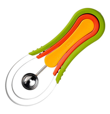 This Scoop Troop Melon Baller has three parts to it. The two outer pieces are two different size melon cutters with a melon scooper in the middle. There's a green handle a red handle and an orange handle.