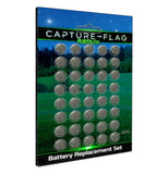 This is a set of 40 small disc-shaped batteries. In their packaging is a cardboard piece with a picture of a field at night. The words at the top of the packaging say, "Capture the Flag" in white lettering.