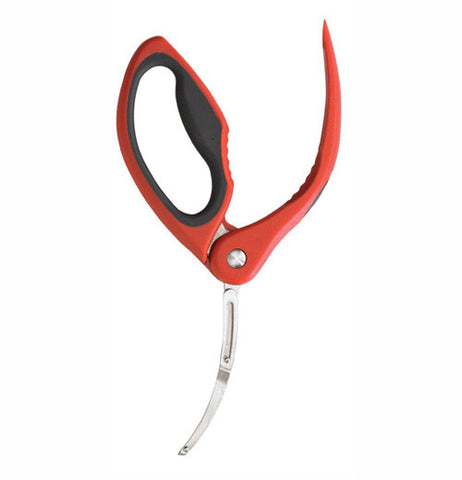 Peeling shrimp can be easier with the shrimp peeler. Large red handle with thin metal blade shaped to easily devein shrimp.