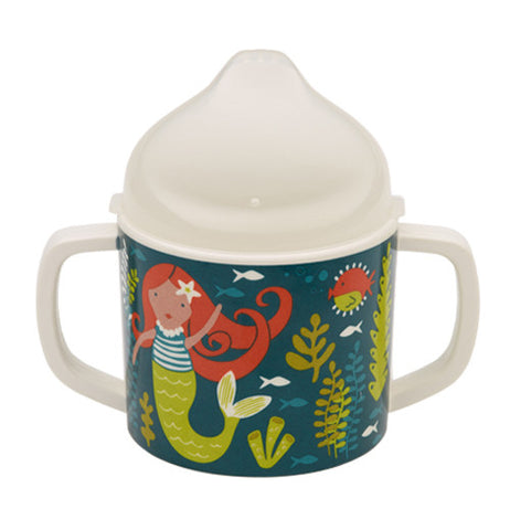 Sippy cup has mermaids and sea life on it and is green with a white top.