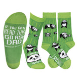 These are dark and light green socks with panda bear print images that say "Mama Bear" written in white on the top and "If you can read this go ask dad" written in white on the bottom over a green background.