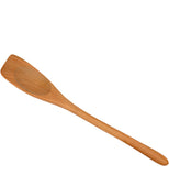 A brown, wooden stirring spoon with a smooth concave indentation in the head is at a downward angle from left to right..
