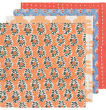 Four napkins overlapping each other in a stack. The first napkin is orange with a orange flower with green leaves. The second napkin is orange with white splotches. The third napkin is blue with white and orange flowers. The fourth napkin is red with white dots.