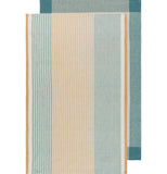Two tea towels that mostly overlap, showing the front and back of the same design. Both designs are stripped. The front design is a pale yellow and blue. The back design is a saturated blue and white.