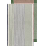 Two tea towels that mostly overlap, showing the front and back of the same design. Both designs are stripped. The front design is a pale green, purple, white, and black. The back design is a saturated green and brown.