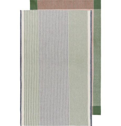 Two tea towels that mostly overlap, showing the front and back of the same design. Both designs are stripped. The front design is a pale green, purple, white, and black. The back design is a saturated green and brown.