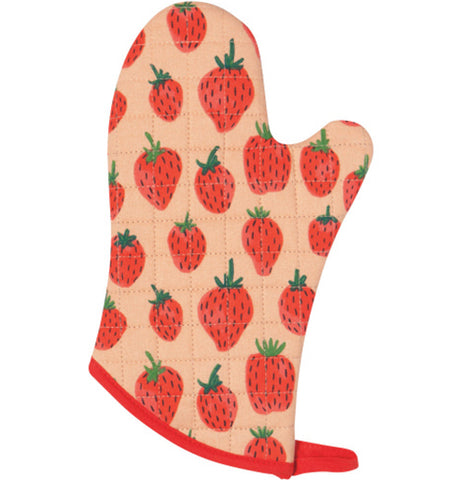 A red and orange oven mitt with a red and green strawberry print.