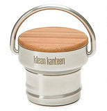 This stainless steel lid with a steel handle has a top made of wood. The logo, "Klean Kanteen" is shown in brown lettering under the wooden top.