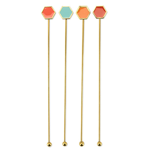 Gold toned stirring sticks with enameled geometric top fitting : coral, red, turquoise, and orange in package.