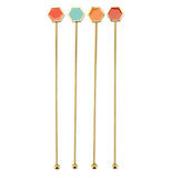 Gold toned stirring sticks with enameled geometric top fitting : coral, red, turquoise, and orange in package.
