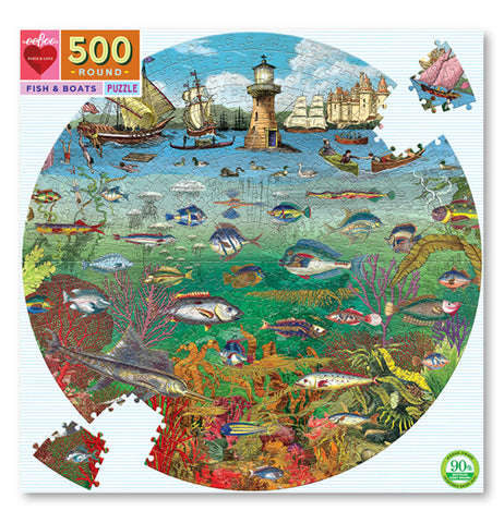 This puzzle box has a circular picture of different fish species under the water and different sized boats and ships on the water's surface.