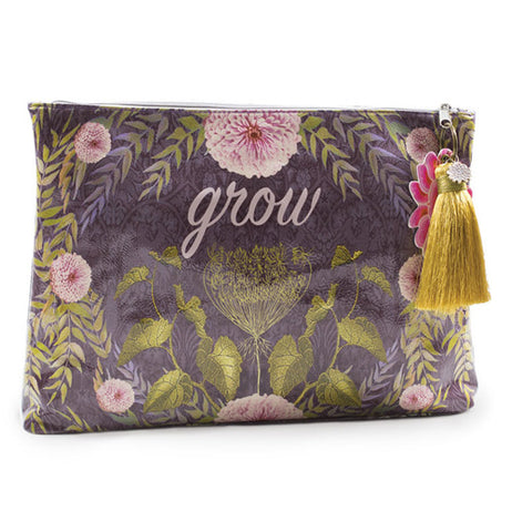 Floral pattern grey damask clutch with yellow tassel.