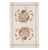 This image shows a cram colored tea towel with two decorative turkeys in the middle.  