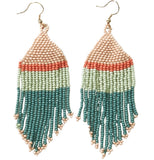 Two striped bead earrings. The stripes are pastel pink, dark orange, pastel green, and dark teal.