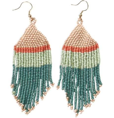 Two striped bead earrings. The stripes are pastel pink, dark orange, pastel green, and dark teal.