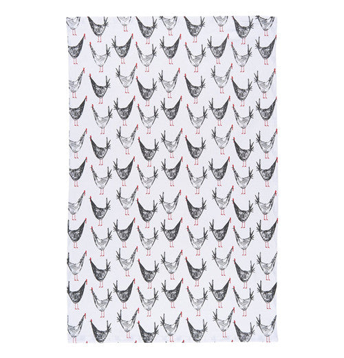The white dish towel has black chickens.
