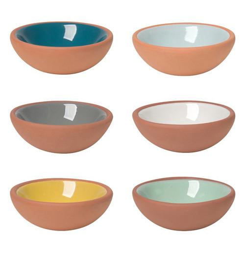 Pinch pots each a different color on the inside of each bowl; one dark blue, one light blue, one gray, one white, one yellow, and one green. The outside of each bowl is brown.