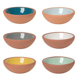 Pinch pots each a different color on the inside of each bowl; one dark blue, one light blue, one gray, one white, one yellow, and one green. The outside of each bowl is brown.