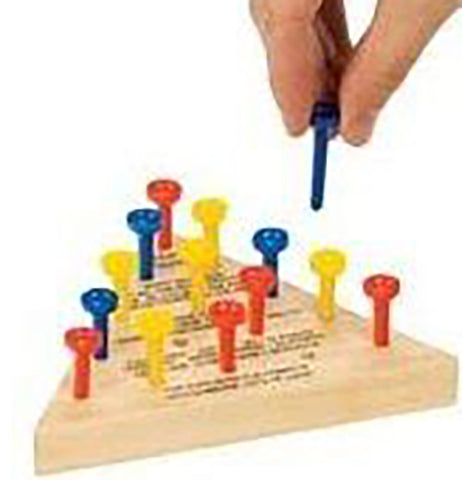 Disembodied fingers play the wooden peg game. The pegs are red, yellow, and blue. The board is beige.