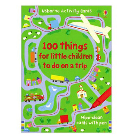 The HIDDEN "100 Things for Little Children to do on a Trip" flashcard book has a cover with a green road trip map and airplane on it.