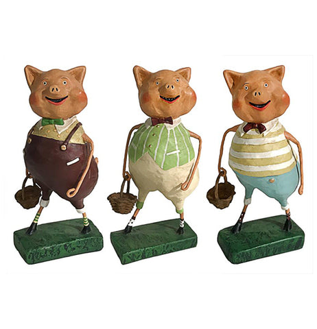 The Three Little Pig figurines carrying their baskets while standing on their green platforms.