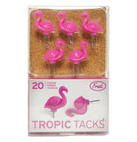 Five of the Tropic "Flamingo" Thumb Tacks are shown packaged. The words, "Tropic Tacks" are shown at the bottom of the box in pink lettering.