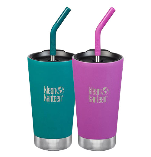 Two of the Insulated Straw Lid Tumblers with colors of Emerald Bay and Berry Bright with straws on top of the splash-proof straw lids. 