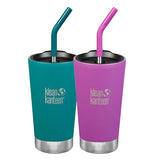 Two of the Insulated Straw Lid Tumblers with colors of Emerald Bay and Berry Bright with straws on top of the splash-proof straw lids. 