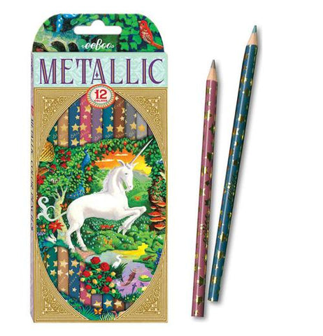 This box of colored pencils has a picture of a unicorn next to a creek in a forest. Two pencils sit next to the box.