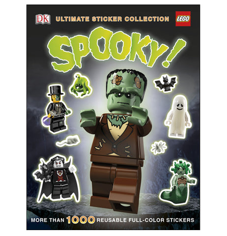 A book full of Halloween related lego stickers such as Frankenstein, medusa, and a vampire 